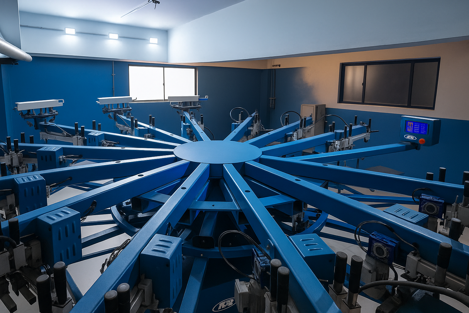 Screen printing station with mesh screens and hand/fix presses